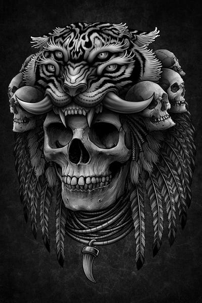 Large Art for Bedroom - Canvas Prints: Occult Maya Skull, Tiger Headdress by Winya Sangsorn