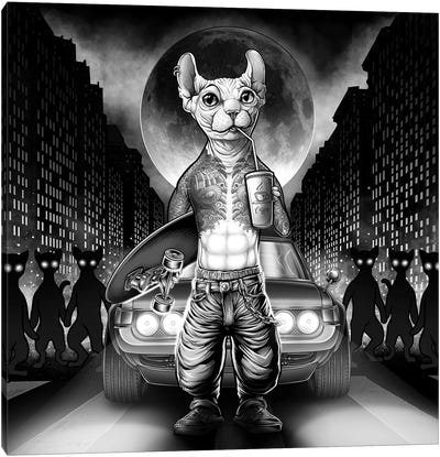 Badass Sphynx Cat Gangster Canvas Art Print - Hairless Cat Art