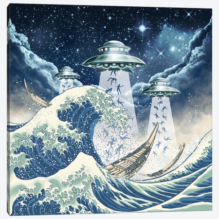 The Great Wave And Ufo Canvas Print #WYS198} by Winya Sangsorn Canvas Artwork