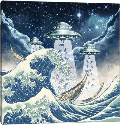 The Great Wave And Ufo Canvas Art Print - UFO Art