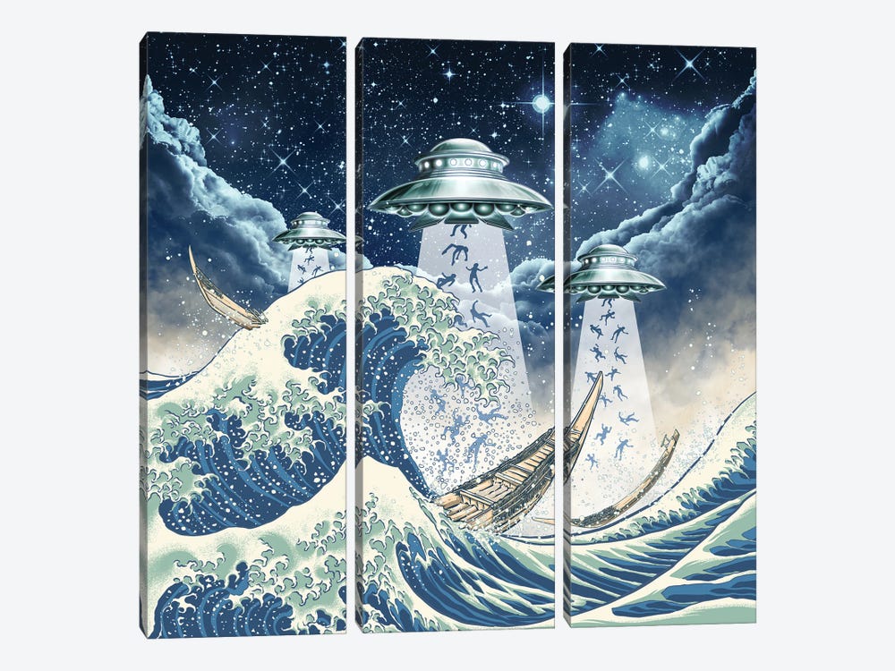 The Great Wave And Ufo by Winya Sangsorn 3-piece Canvas Artwork
