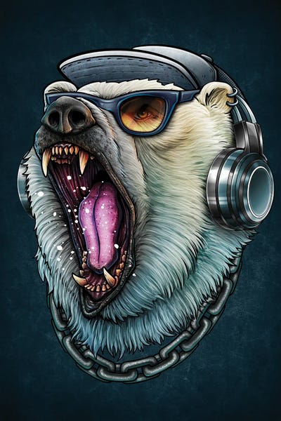 Roaring Polar Bear DJ Wearing Headphones And Sunglasses by Winya Sangsorn multi panel art