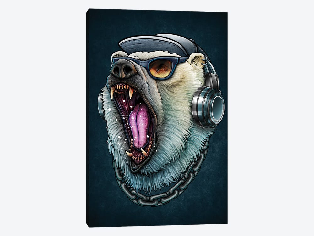 Roaring Polar Bear DJ Wearing Headphones And Sunglasses by Winya Sangsorn 1-piece Canvas Art Print