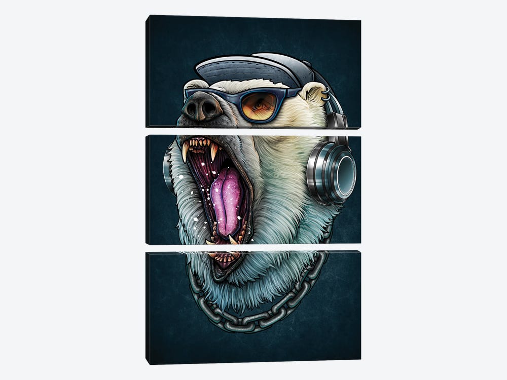 Roaring Polar Bear DJ Wearing Headphones And Sunglasses by Winya Sangsorn 3-piece Art Print