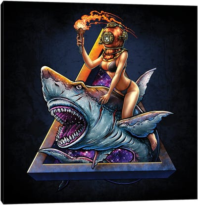 Diver Girl Retro And Angry Shark II Canvas Art Print - Shark Art