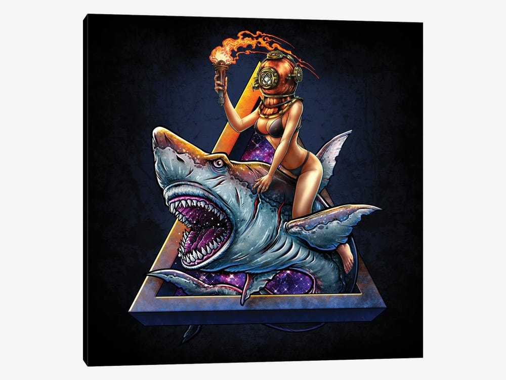 Diver Girl Retro And Angry Shark II by Winya Sangsorn 1-piece Canvas Artwork