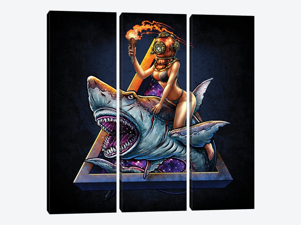 Diver Girl Retro And Angry Shark II by Winya Sangsorn 3-piece Canvas Artwork