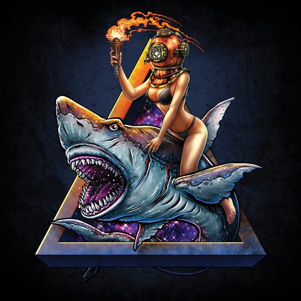 Sharks: Diver Girl Retro And Angry Shark II by Winya Sangsorn