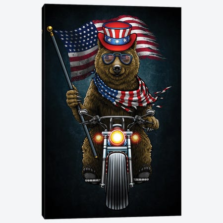 American Patriotic Grizzly Bear Riding Chopper Motorcycle 4th Of July Canvas Print #WYS246} by Winya Sangsorn Art Print