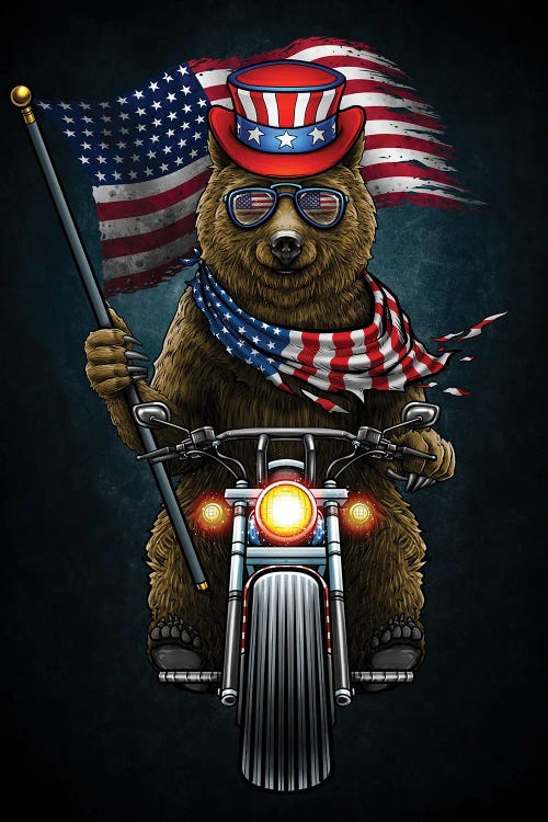 American Patriotic Grizzly Bear Riding Chopper Motorcycle 4th Of July