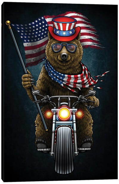 American Patriotic Grizzly Bear Riding Chopper Motorcycle 4th Of July Canvas Art Print - American Flag Art