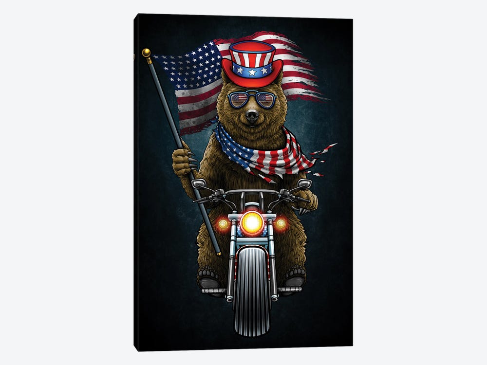 American Patriotic Grizzly Bear Riding Chopper Motorcycle 4th Of July by Winya Sangsorn 1-piece Canvas Art Print