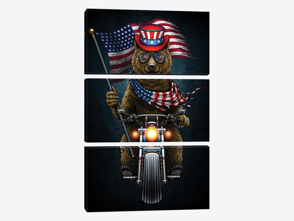 American Patriotic Grizzly Bear Riding Chopper Motorcycle 4th Of July by Winya Sangsorn 3-piece Art Print