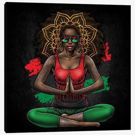 Black Beauty With Afro Love Yoga And Pan African Flag Canvas Print #WYS259} by Winya Sangsorn Art Print