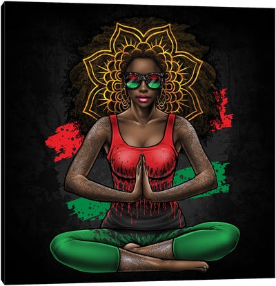 Black Beauty With Afro Love Yoga And Pan African Flag Canvas Art Print - Winya Sangsorn