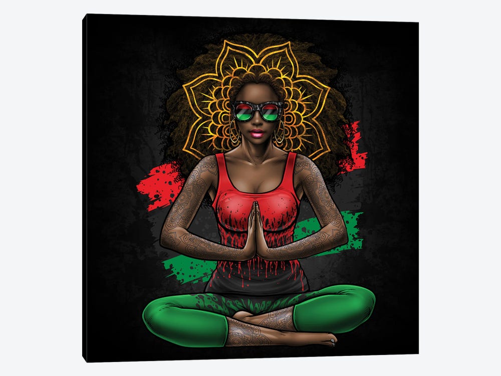 Black Beauty With Afro Love Yoga And Pan African Flag by Winya Sangsorn 1-piece Art Print