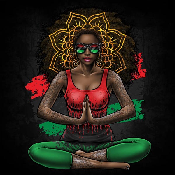 Yoga: Black Beauty With Afro Love Yoga And Pan African Flag by Winya Sangsorn