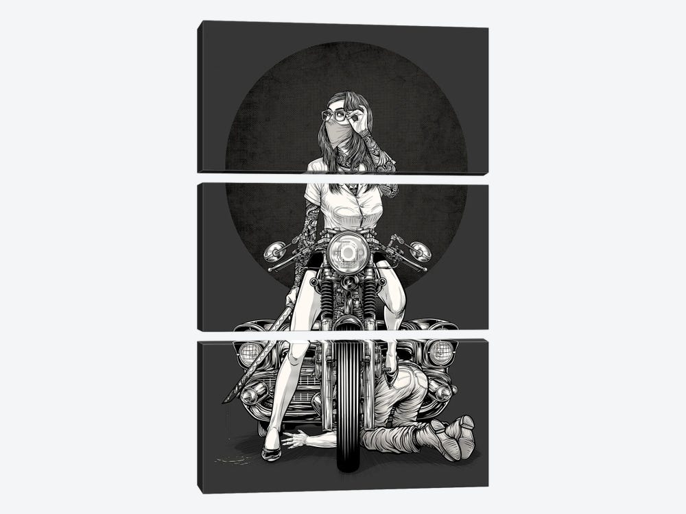 Girl And Motorcycle by Winya Sangsorn 3-piece Canvas Print