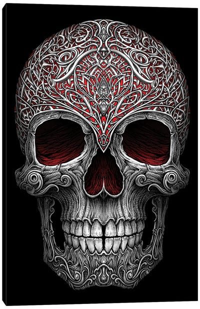 The Enigmatic Carved Skull Canvas Art Print - Black, White & Red Art