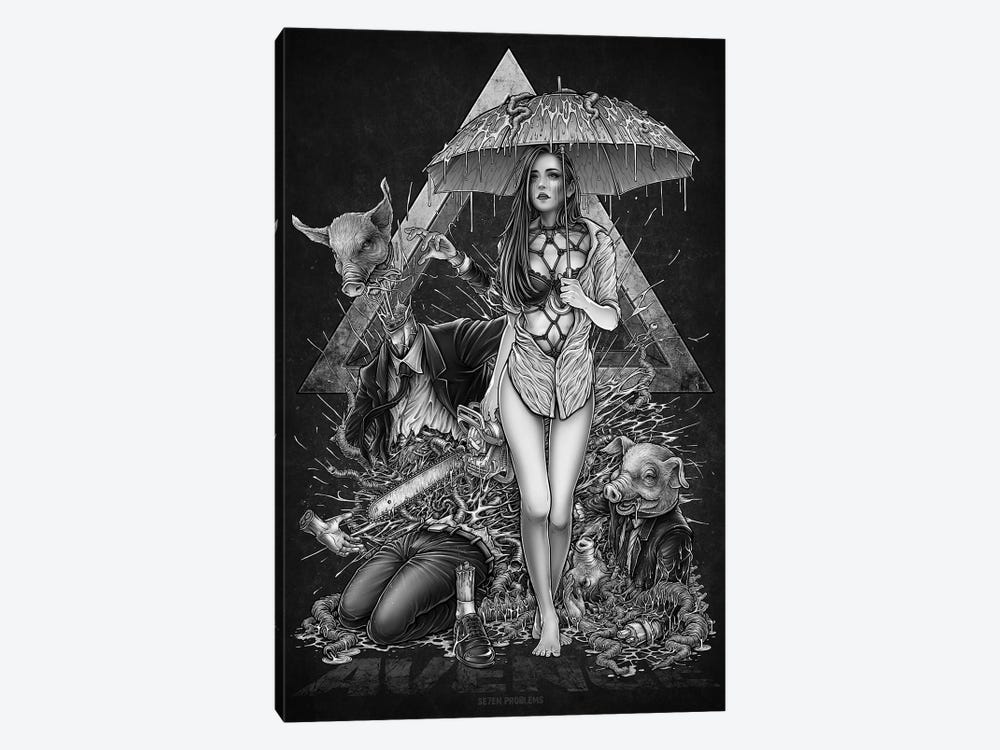 Woman With Chainsaw Under The Rain by Winya Sangsorn 1-piece Canvas Print