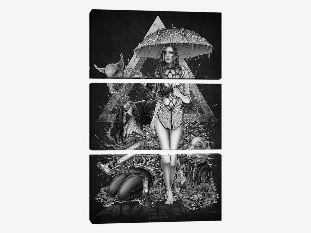 Woman With Chainsaw Under The Rain by Winya Sangsorn 3-piece Art Print