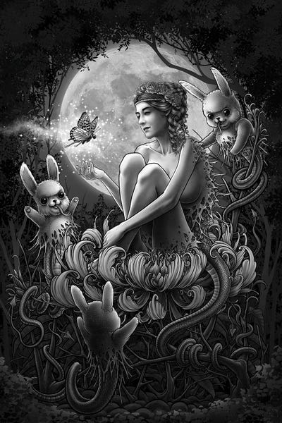 Woman And Bunny Moon Background by Winya Sangsorn art print