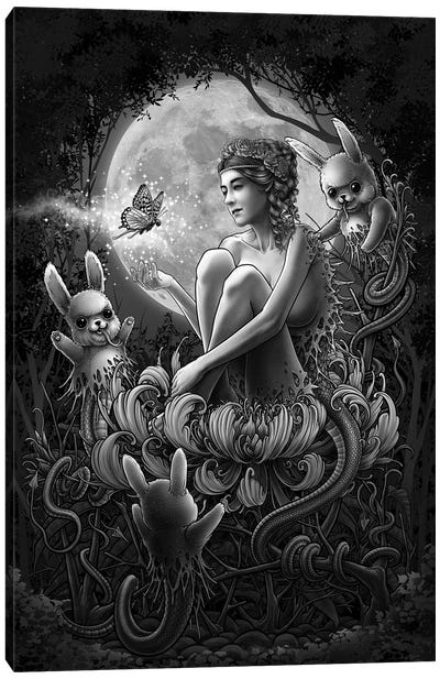 Woman And Bunny Moon Background Canvas Art Print - Winya Sangsorn
