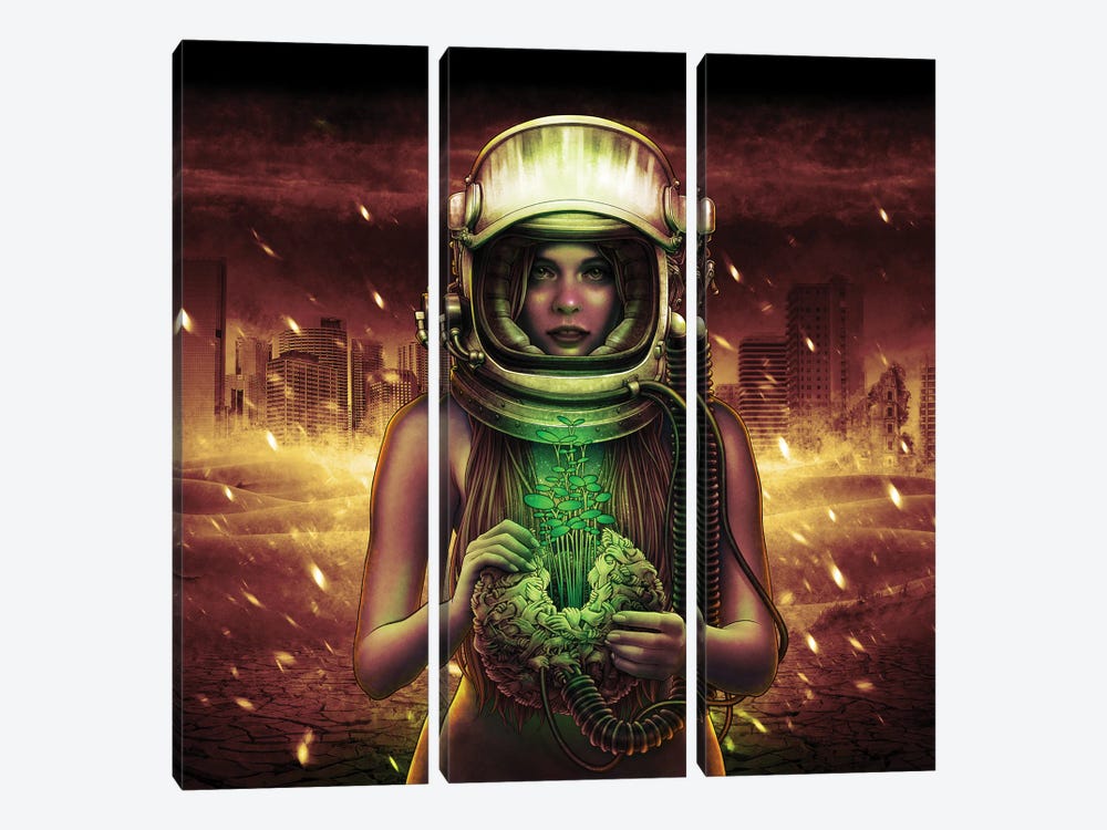 Girl Astronaut Holding Plant by Winya Sangsorn 3-piece Art Print