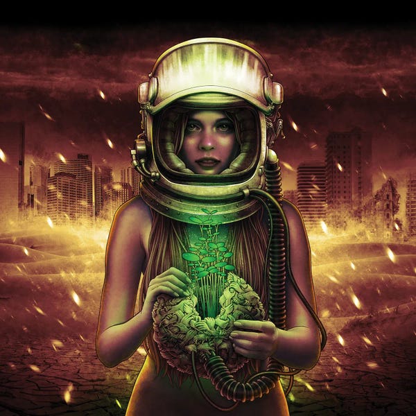 Winya Sangsorn: Girl Astronaut Holding Plant by Winya Sangsorn