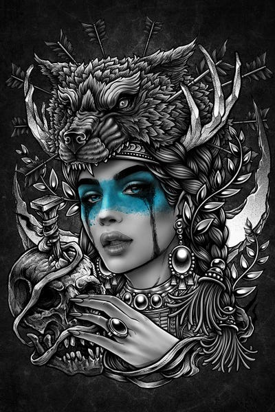 Native Woman With Human Skull Wearing Wolf Headdress