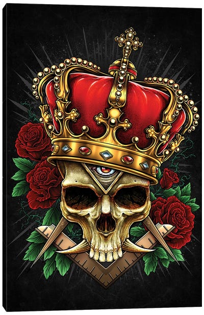 Skull With Crown And Roses Black Ground Canvas Art Print - Winya Sangsorn