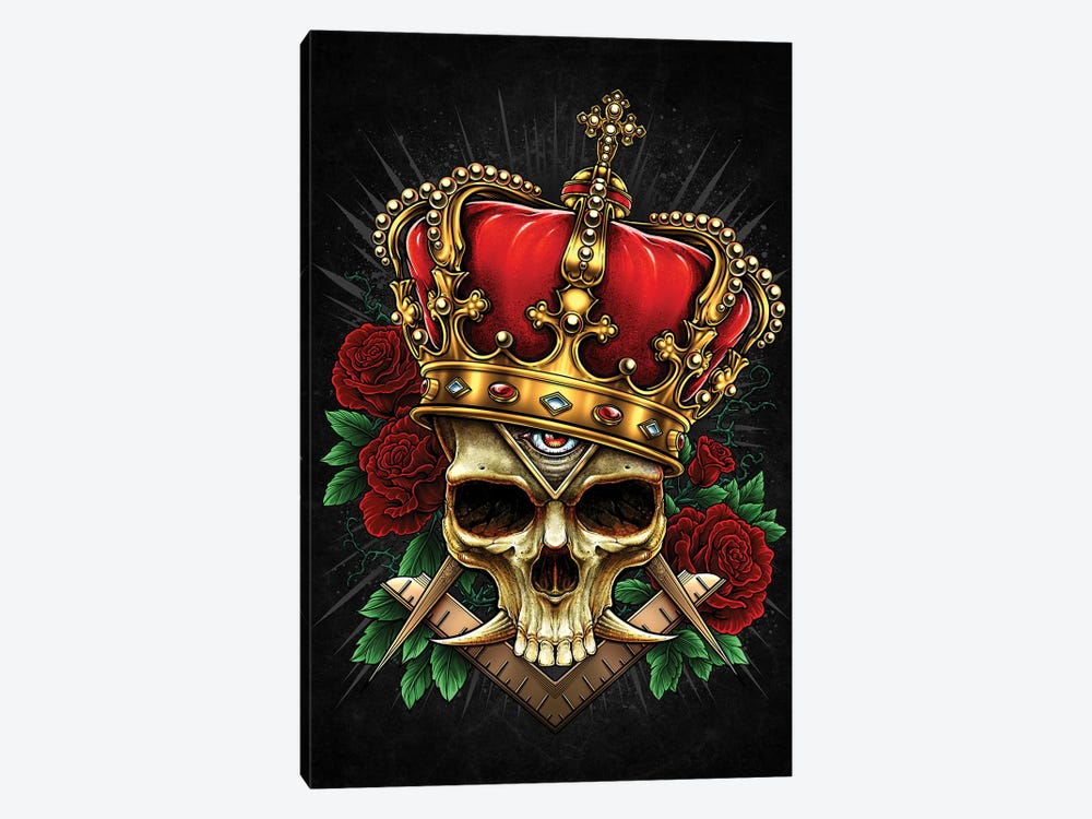 Skull With Crown And Roses Black Ground by Winya Sangsorn 1-piece Canvas Print