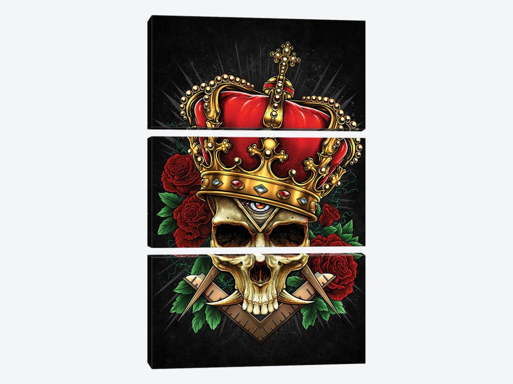 Skull With Crown And Roses Black Ground by Winya Sangsorn 3-piece Art Print