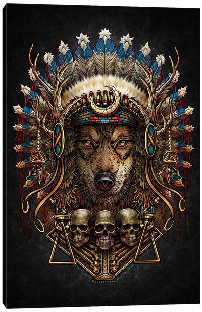 American Native Wolf Headdress Canvas Art Print - Tattoo Parlor