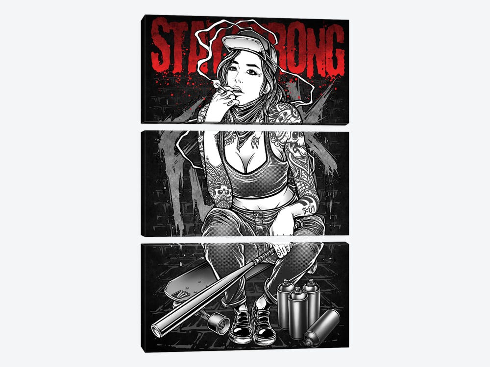 Stay Strong,Street Girl Sitting On Skateboard by Winya Sangsorn 3-piece Art Print