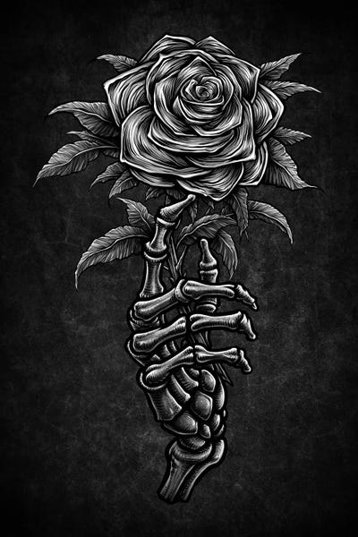 Skeletons: Vintage Skeleton Hand Holding Rose by Winya Sangsorn