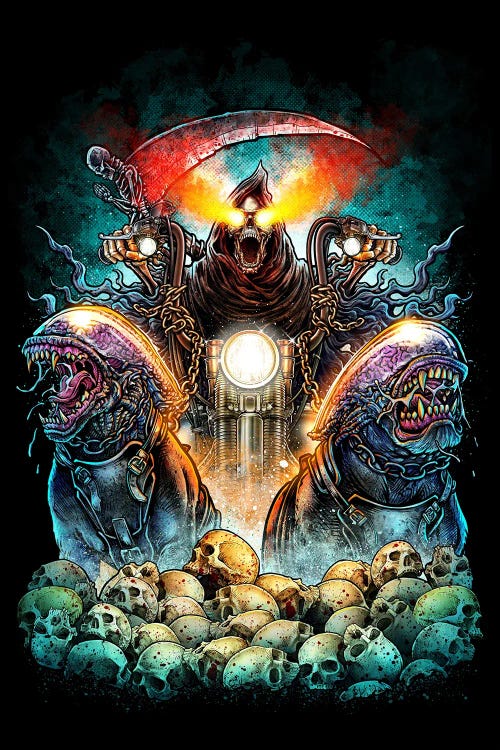 Grim Reaper Riding Motocycle And Alien Dog by Winya Sangsorn wall art