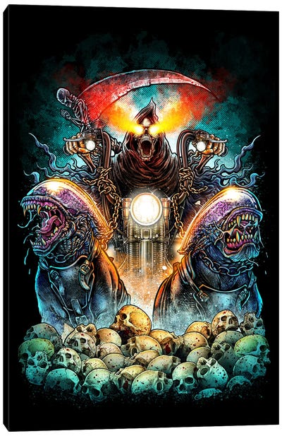 Grim Reaper Riding Motocycle And Alien Dog Canvas Art Print - Winya Sangsorn