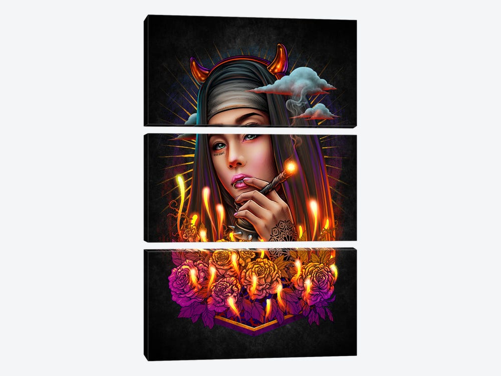 Goth Satan Nun Smoking by Winya Sangsorn 3-piece Art Print