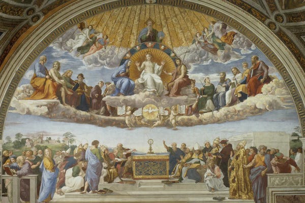 Classic Fine Art: The Disputation of the Holy Sacrament, from the Stanza della Segnatura, 1509-10 by Raphael