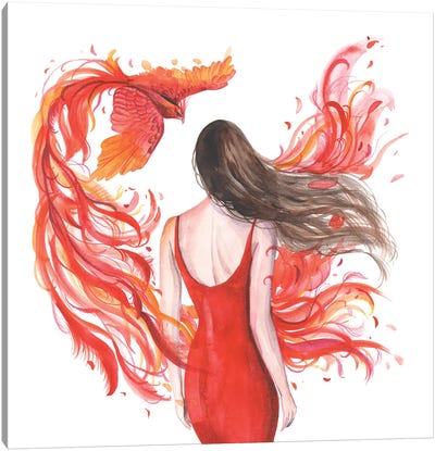 Woman And Phoenix Firebird Canvas Art Print - Yana Anikina