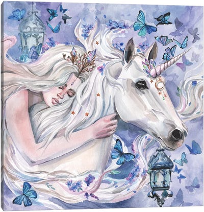 Princess And White Unicorn Canvas Art Print - Friendly Mythical Creatures