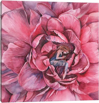 Woman And Red Peony Flower Canvas Art Print - Yana Anikina