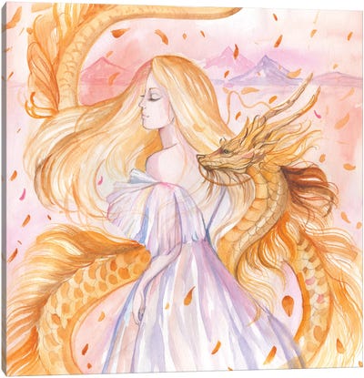 Woman And Golden Dragon Canvas Art Print - Yana Anikina