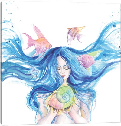 Zodiac Sign Aquarius With A Shell And Fish Canvas Art Print - Astrology Art