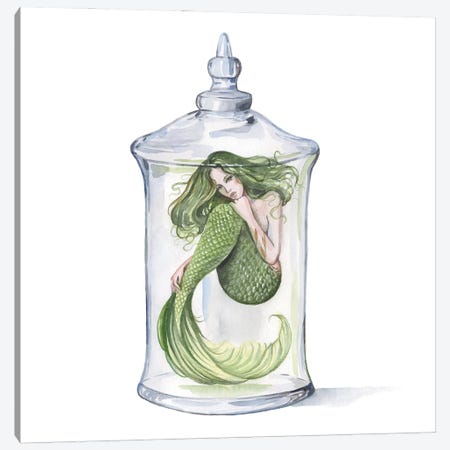 Green Mermaid In A Glass Bottle Canvas Print #YAN47} by Yana Anikina Canvas Artwork