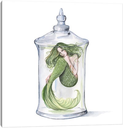 Green Mermaid In A Glass Bottle Canvas Art Print - Yana Anikina