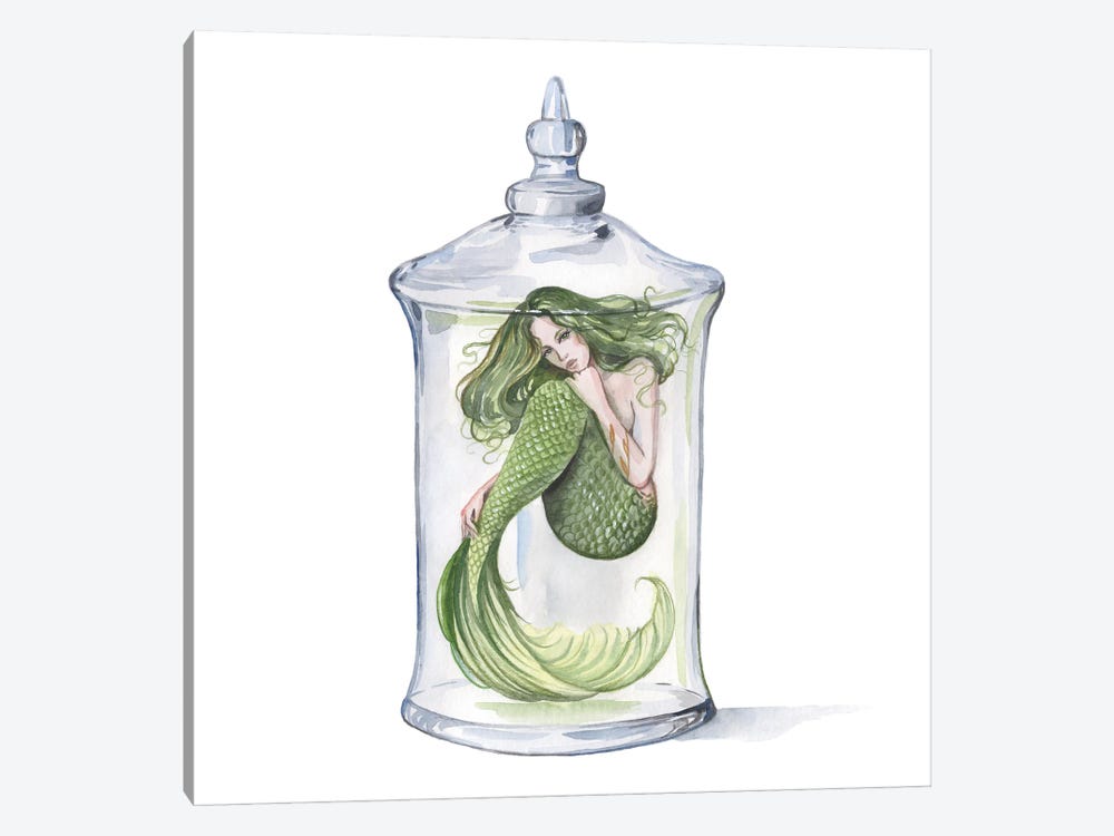 Green Mermaid In A Glass Bottle by Yana Anikina 1-piece Canvas Wall Art