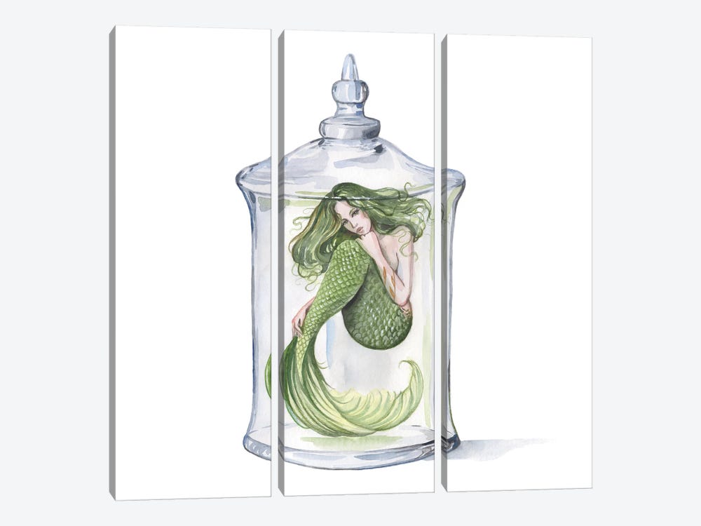 Green Mermaid In A Glass Bottle by Yana Anikina 3-piece Canvas Wall Art