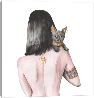 Egyptian Goddess Nefertiti And The Cat Bastet Canvas Art Print - Yana Anikina